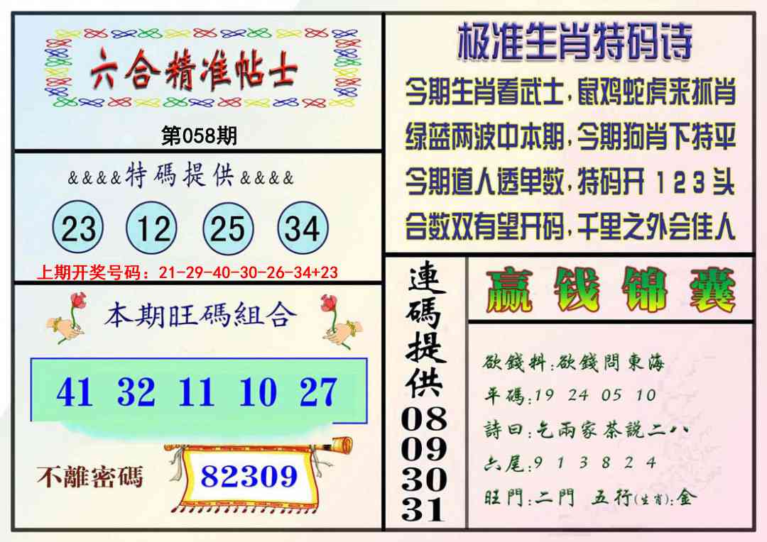 058期精准贴士[图]