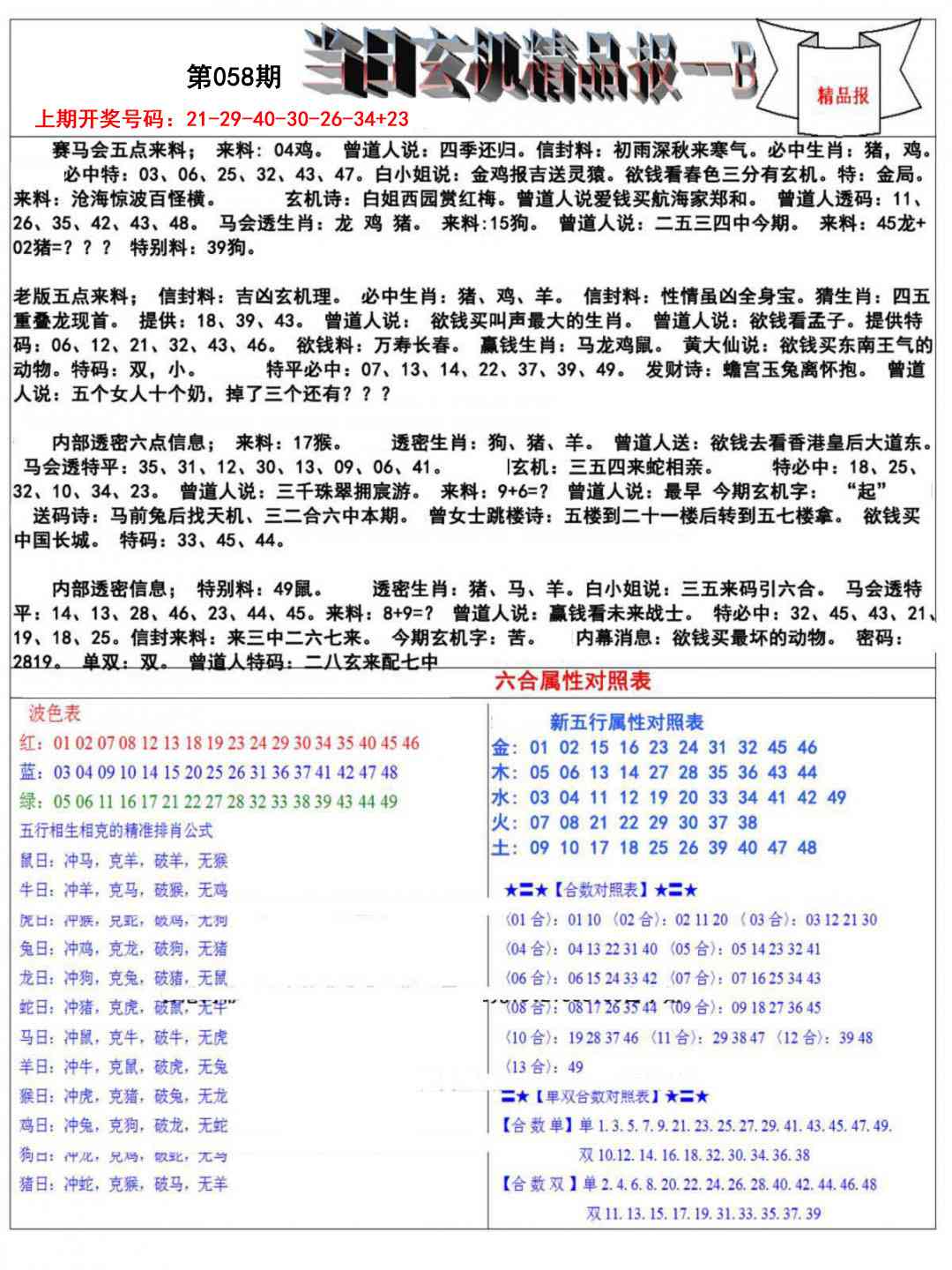 058期当日玄机精品报B[图]